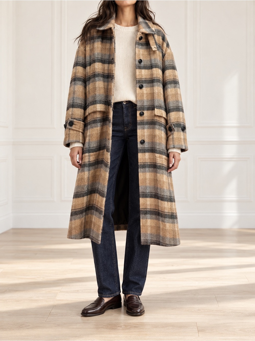 Banana Republic Italian Melton Plaid Wool Coat XL Tan Brown Oversized Longline